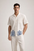 LINEN COTTON SHIRT WITH INDIGO FLOWER VASE MOTIF