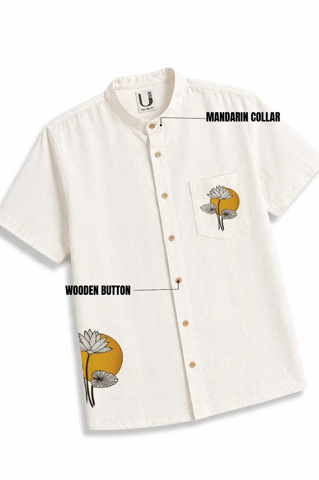 LINEN COTTON SHIRT WITH YELLOW MOON LOTUS MOTIF