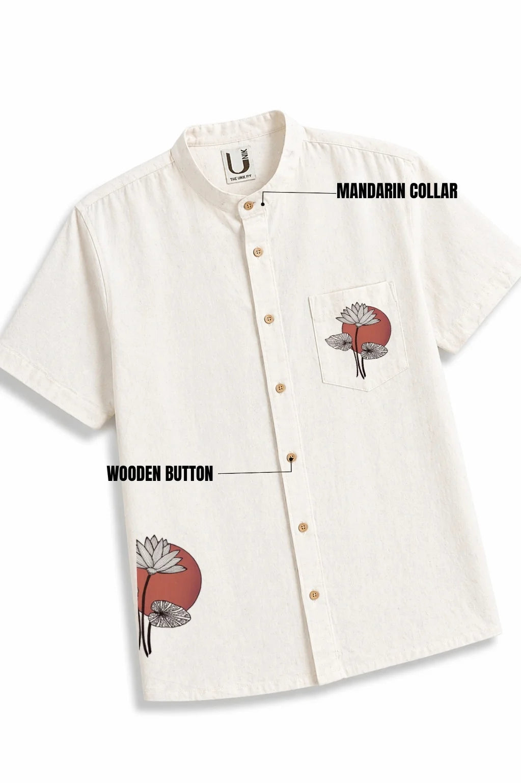 LINEN COTTON SHIRT WITH RED MOON LOTUS MOTIF