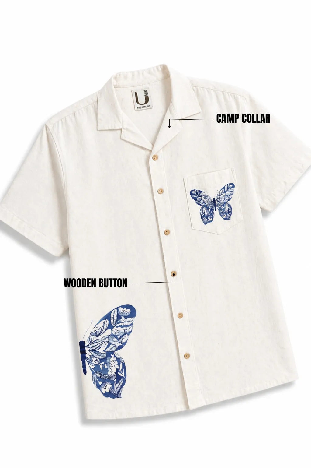LINEN COTTON SHIRT WITH INDIGO BUTTERFLY MOTIF