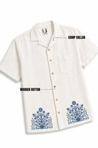 LINEN COTTON SHIRT WITH INDIGO FLOWER VASE MOTIF