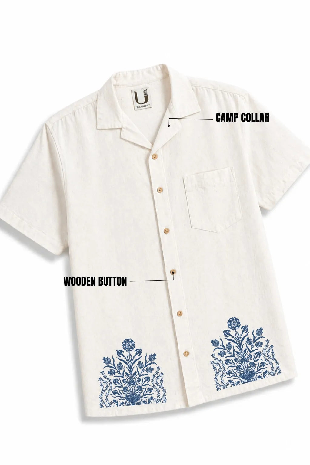 LINEN COTTON SHIRT WITH INDIGO FLOWER VASE MOTIF