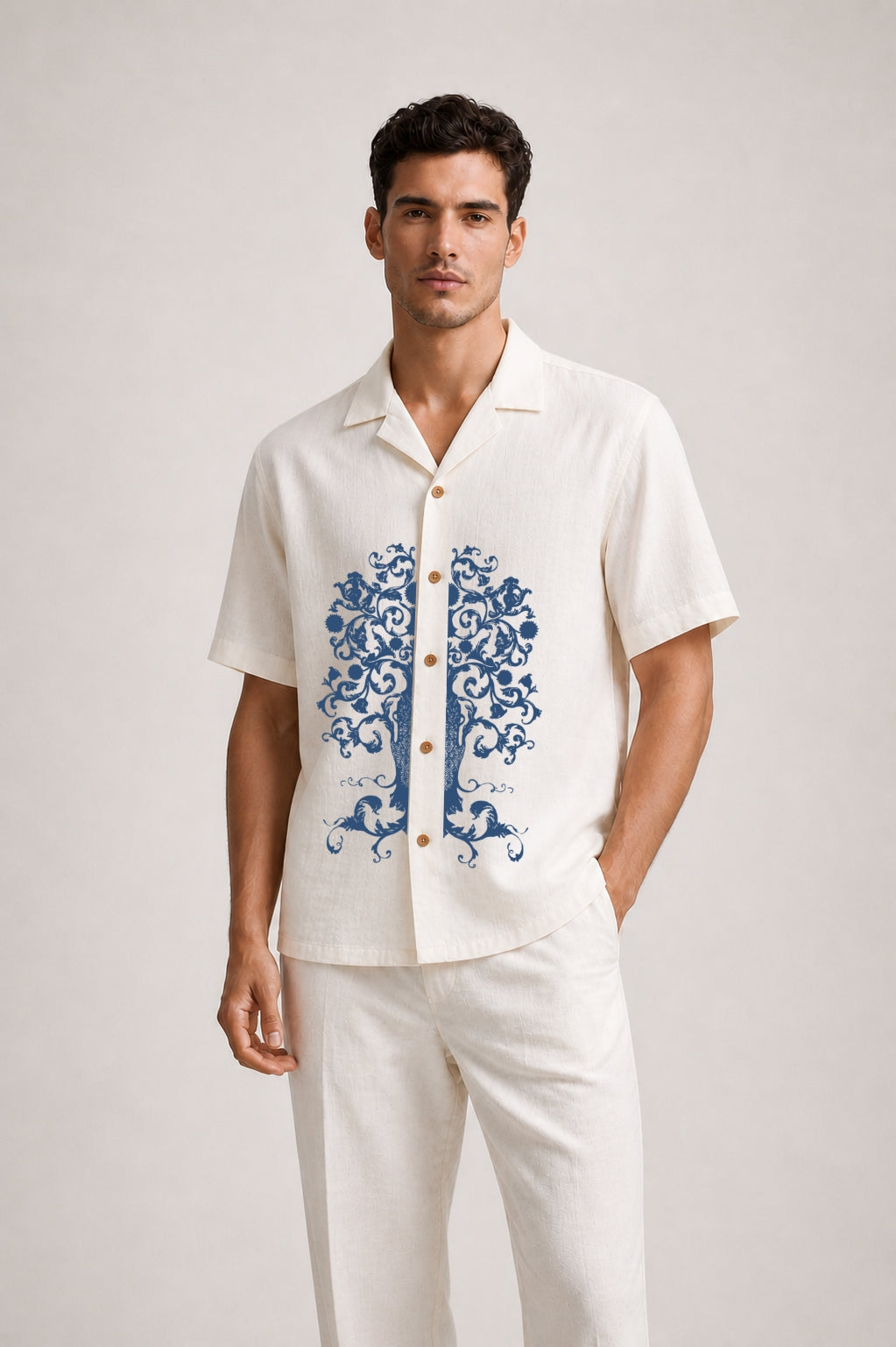 LINEN COTTON SHIRT WITH INDIGO TREE MOTIF