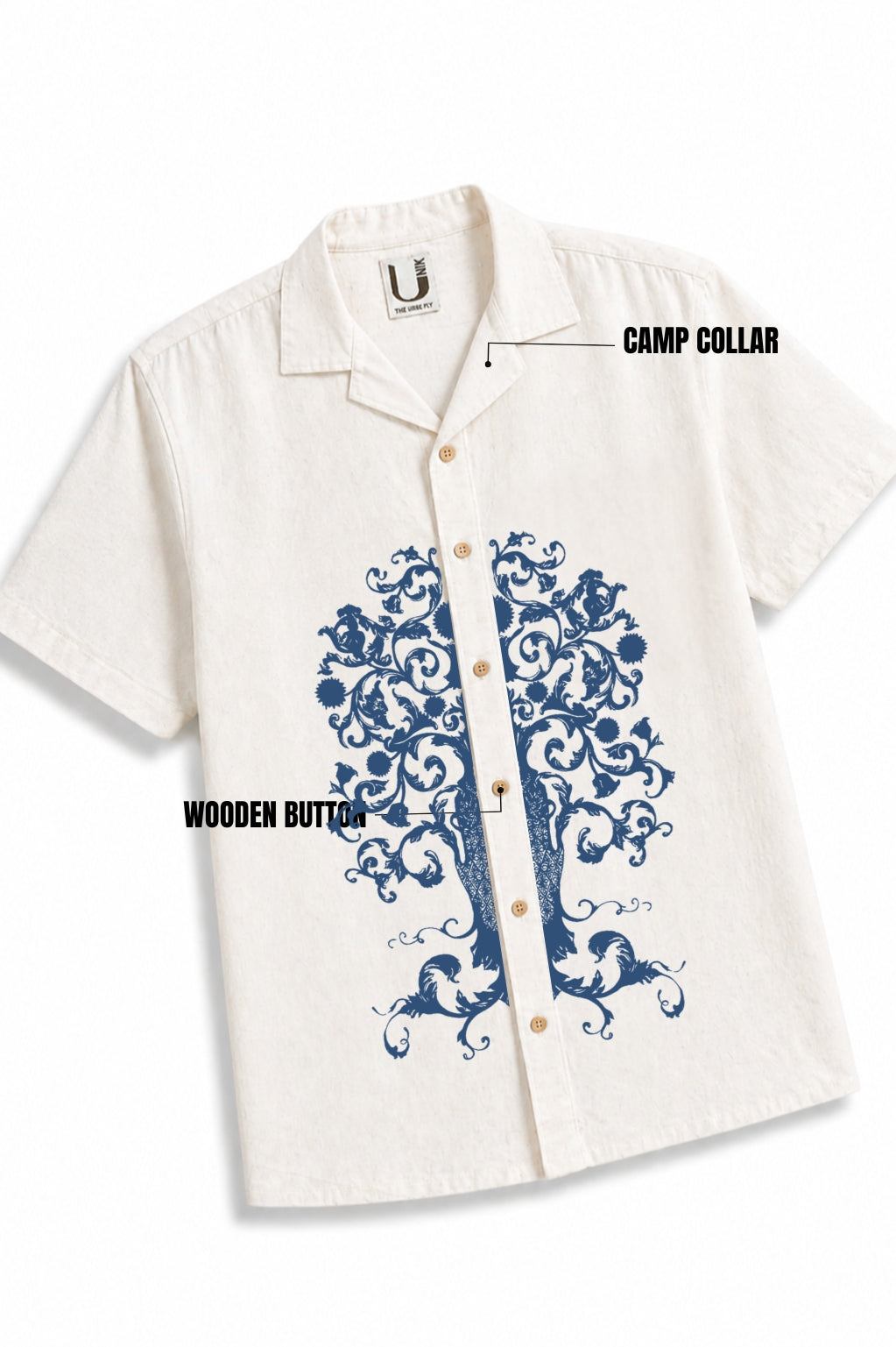 LINEN COTTON SHIRT WITH INDIGO TREE MOTIF
