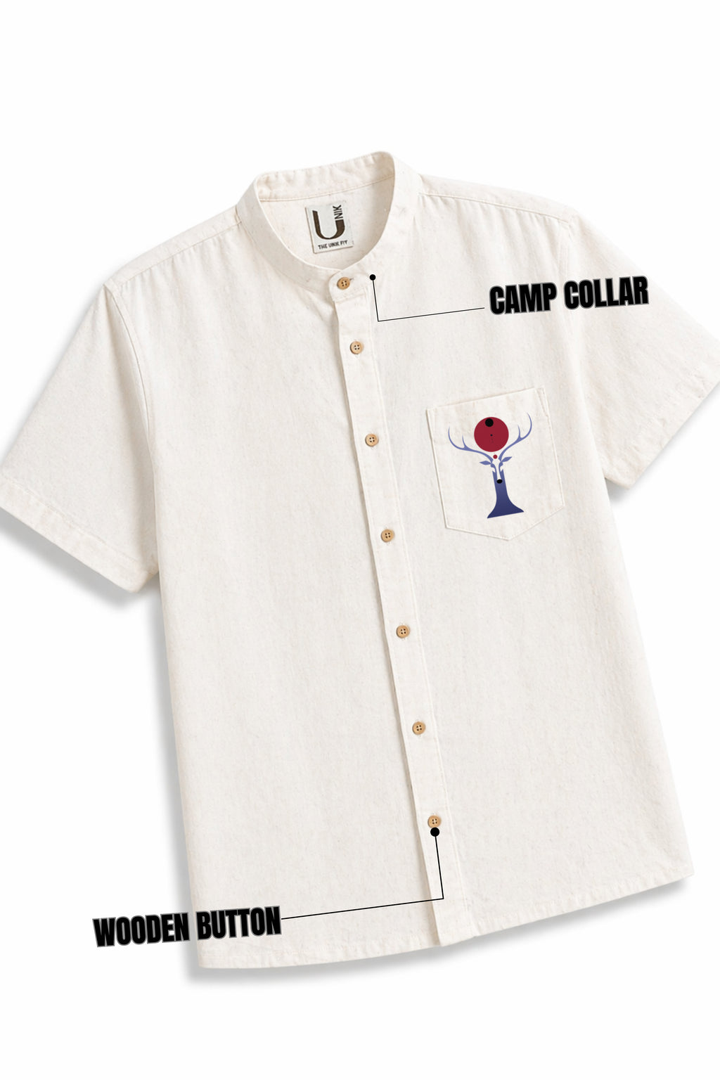 LINEN COTTON SHIRT WITH RED MOON DEER MOTIF