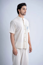 LINEN COTTON SHIRT WITH INDIGO FLORAL MOTIF