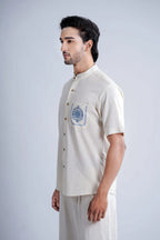 LINEN COTTON SHIRT WITH INDIGO FLORAL MOTIF
