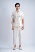 LINEN COTTON SHIRT WITH INDIGO BUTTERFLY MOTIF
