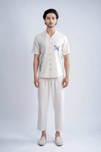 LINEN COTTON SHIRT WITH INDIGO BUTTERFLY MOTIF