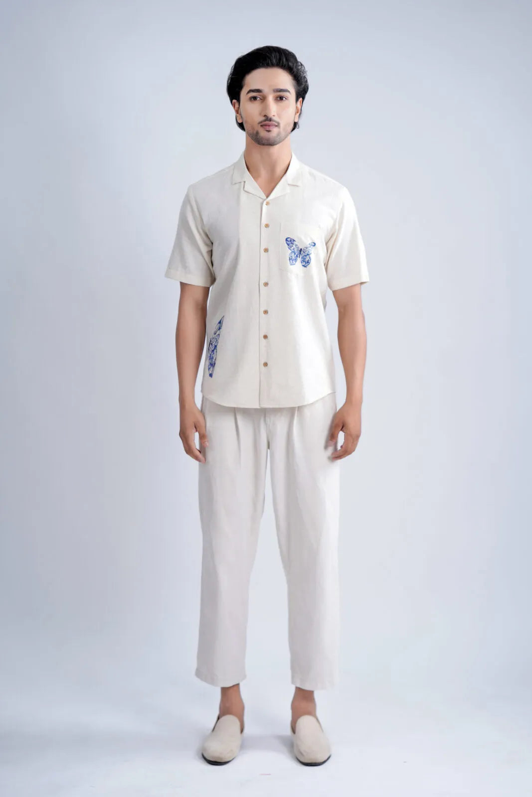 LINEN COTTON SHIRT WITH INDIGO BUTTERFLY MOTIF