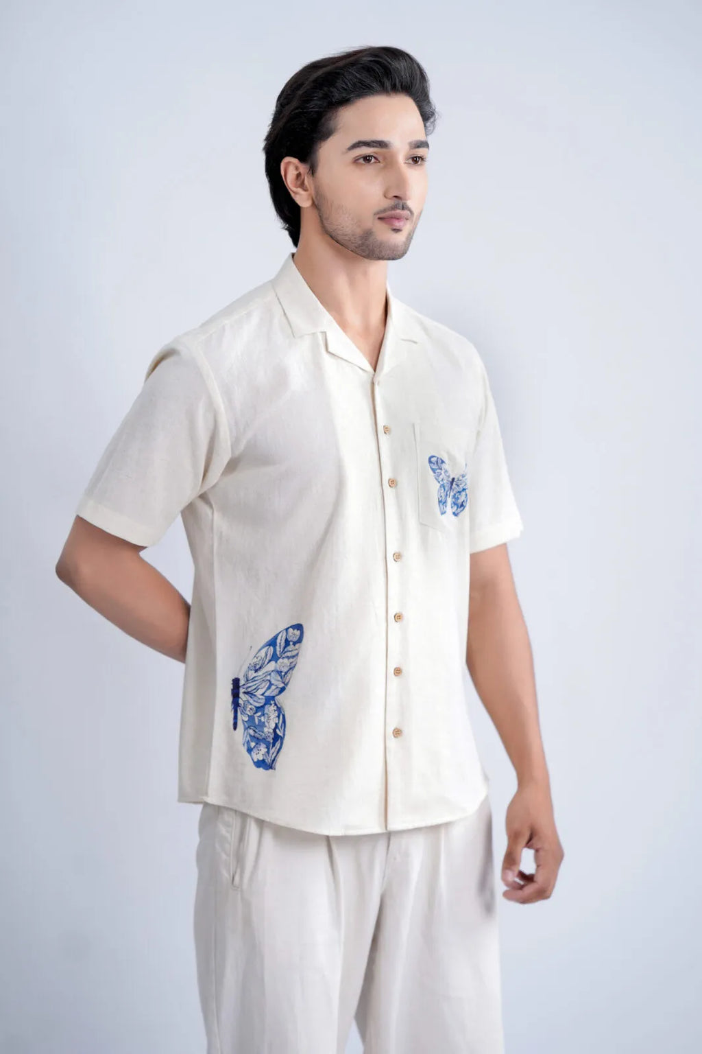 LINEN COTTON SHIRT WITH INDIGO BUTTERFLY MOTIF