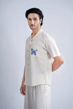 LINEN COTTON SHIRT WITH INDIGO BUTTERFLY MOTIF