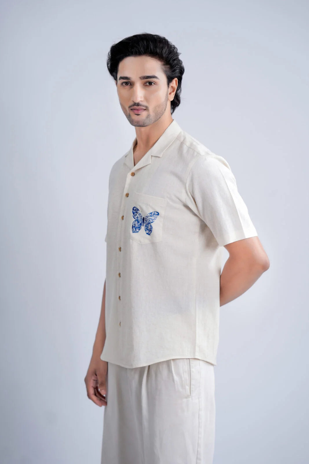 LINEN COTTON SHIRT WITH INDIGO BUTTERFLY MOTIF