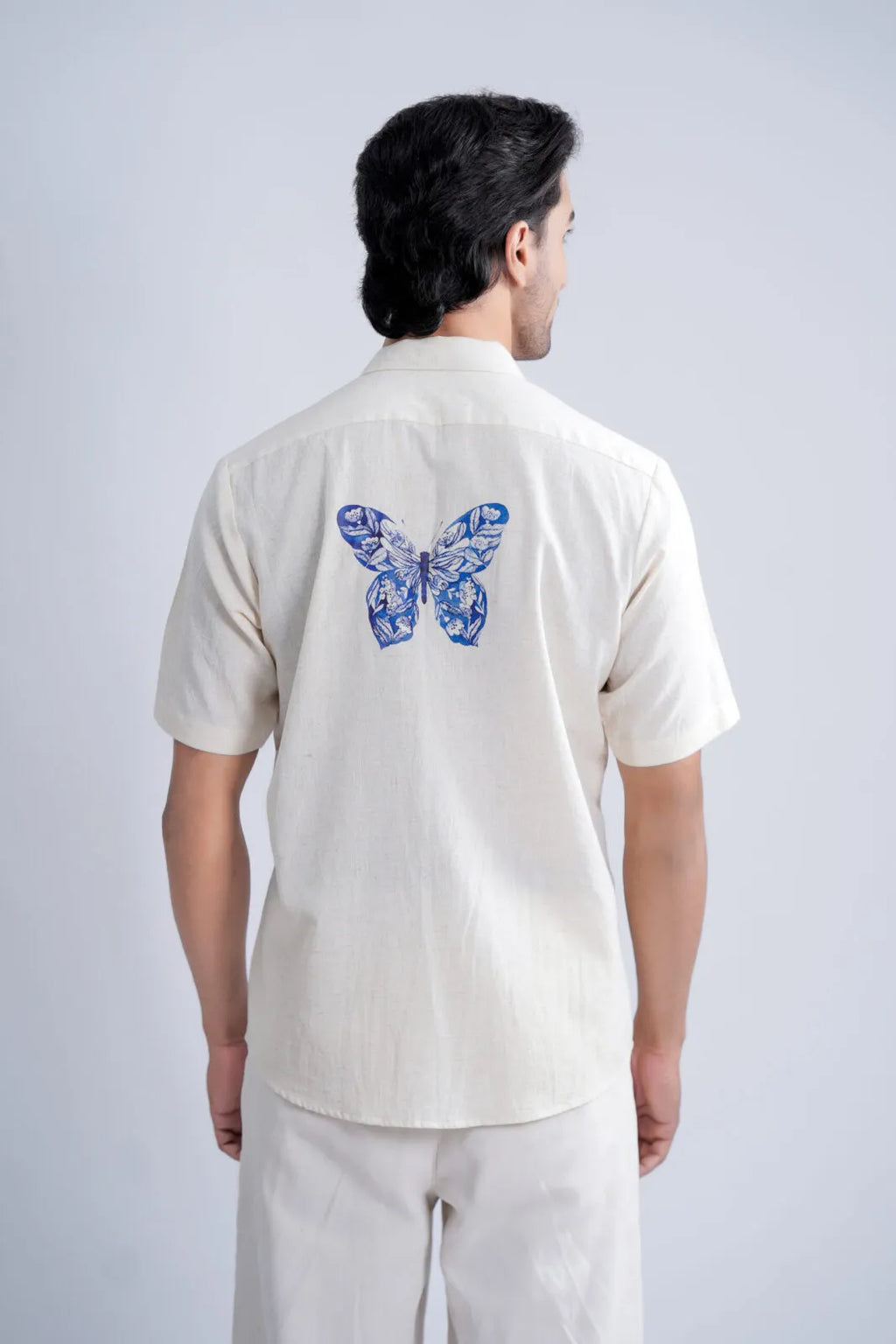 LINEN COTTON SHIRT WITH INDIGO BUTTERFLY MOTIF