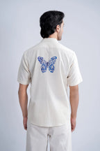 LINEN COTTON SHIRT WITH INDIGO BUTTERFLY MOTIF