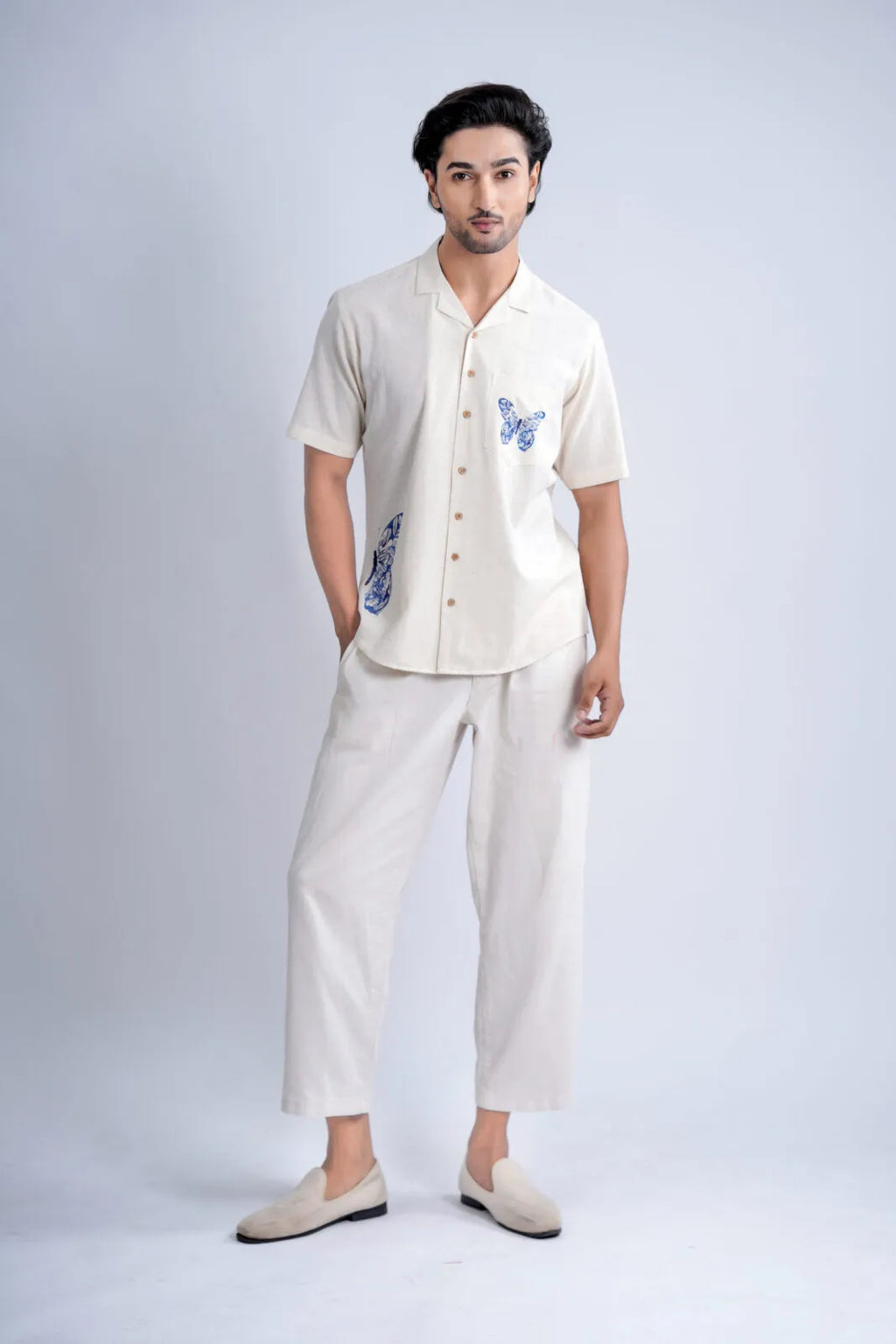LINEN COTTON SHIRT WITH INDIGO BUTTERFLY MOTIF
