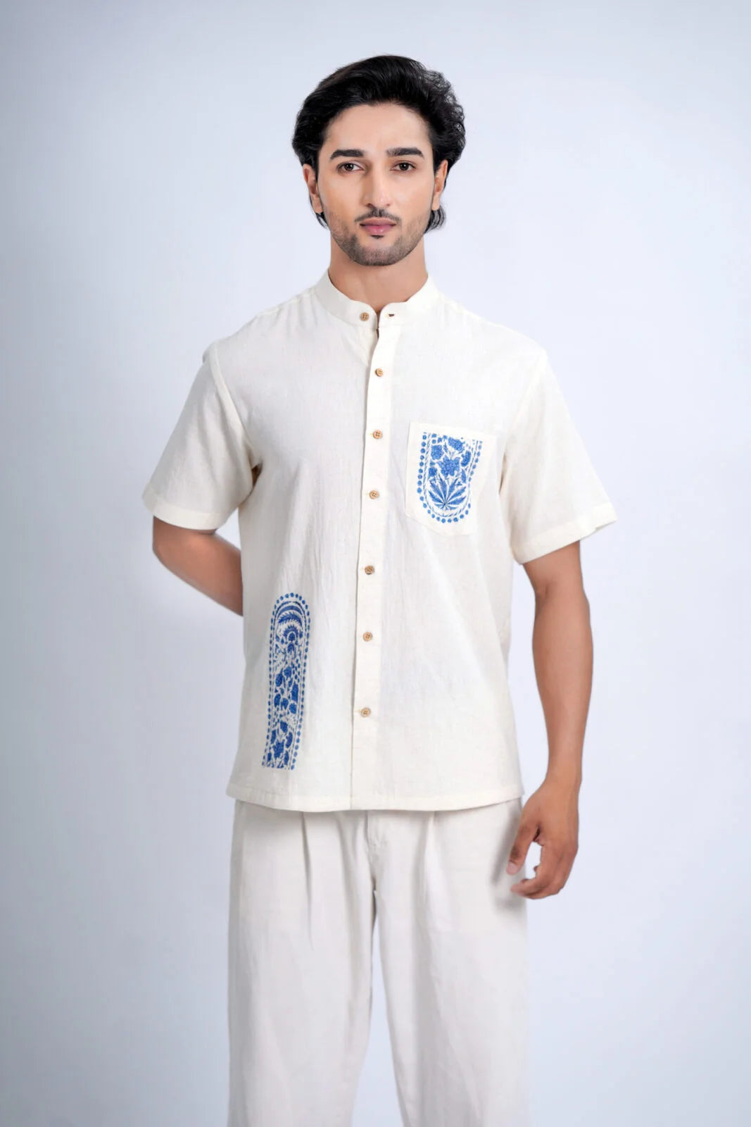 LINEN COTTON SHIRT WITH INDIGO ARCH MOTIF