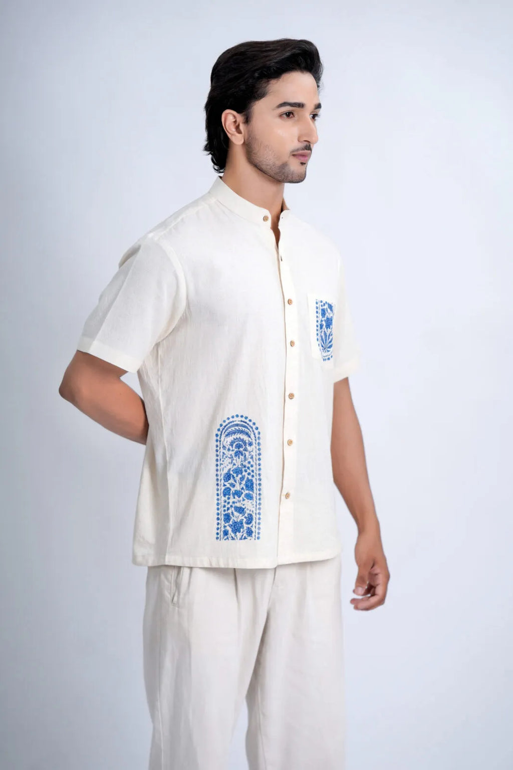 LINEN COTTON SHIRT WITH INDIGO ARCH MOTIF