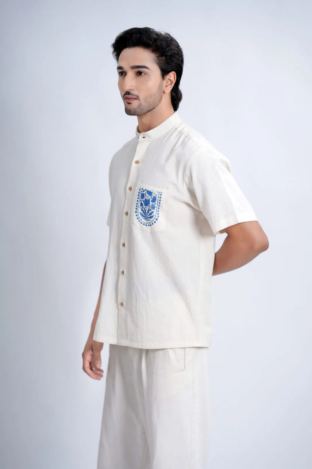 LINEN COTTON SHIRT WITH INDIGO ARCH MOTIF