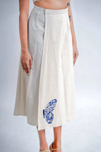 LINEN COTTON SKIRT WITH INDIGO BUTTERFLY MOTIF
