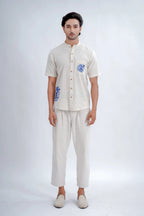 LINEN COTTON SHIRT WITH INDIGO CAT MOTIF