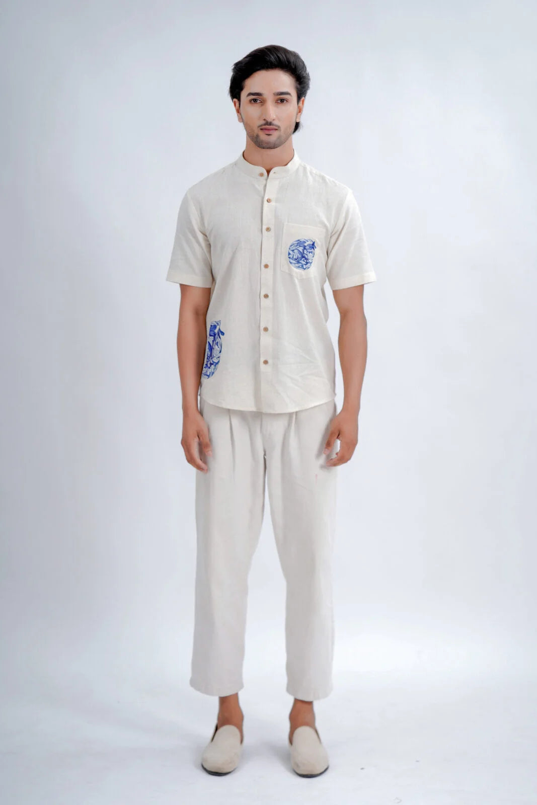 LINEN COTTON SHIRT WITH INDIGO CAT MOTIF