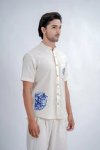LINEN COTTON SHIRT WITH INDIGO CAT MOTIF