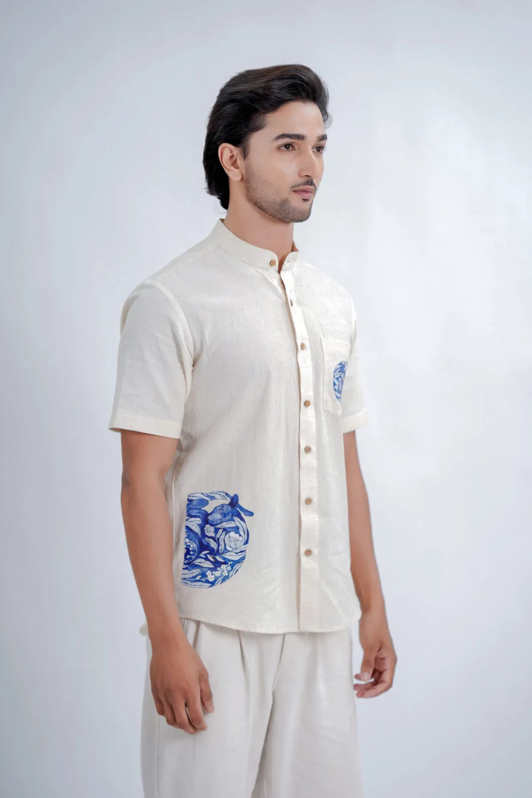 LINEN COTTON SHIRT WITH INDIGO CAT MOTIF