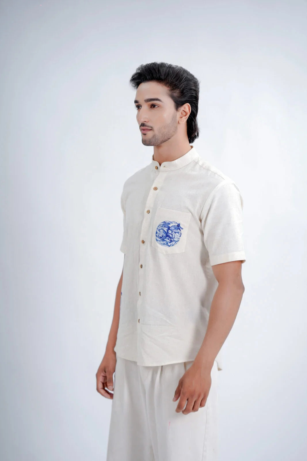 LINEN COTTON SHIRT WITH INDIGO CAT MOTIF