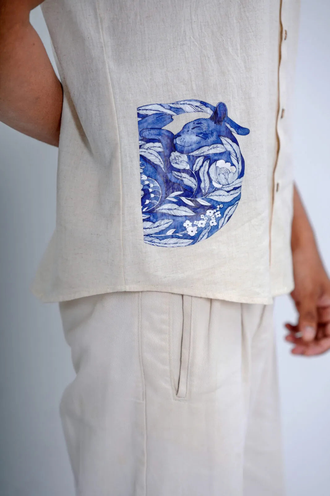 LINEN COTTON SHIRT WITH INDIGO CAT MOTIF