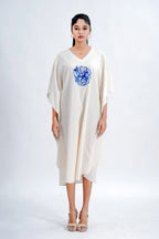 LINEN COTTON KAFTAN WITH RED MOON DEER MOTIF