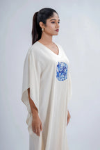 LINEN COTTON KAFTAN WITH RED MOON DEER MOTIF