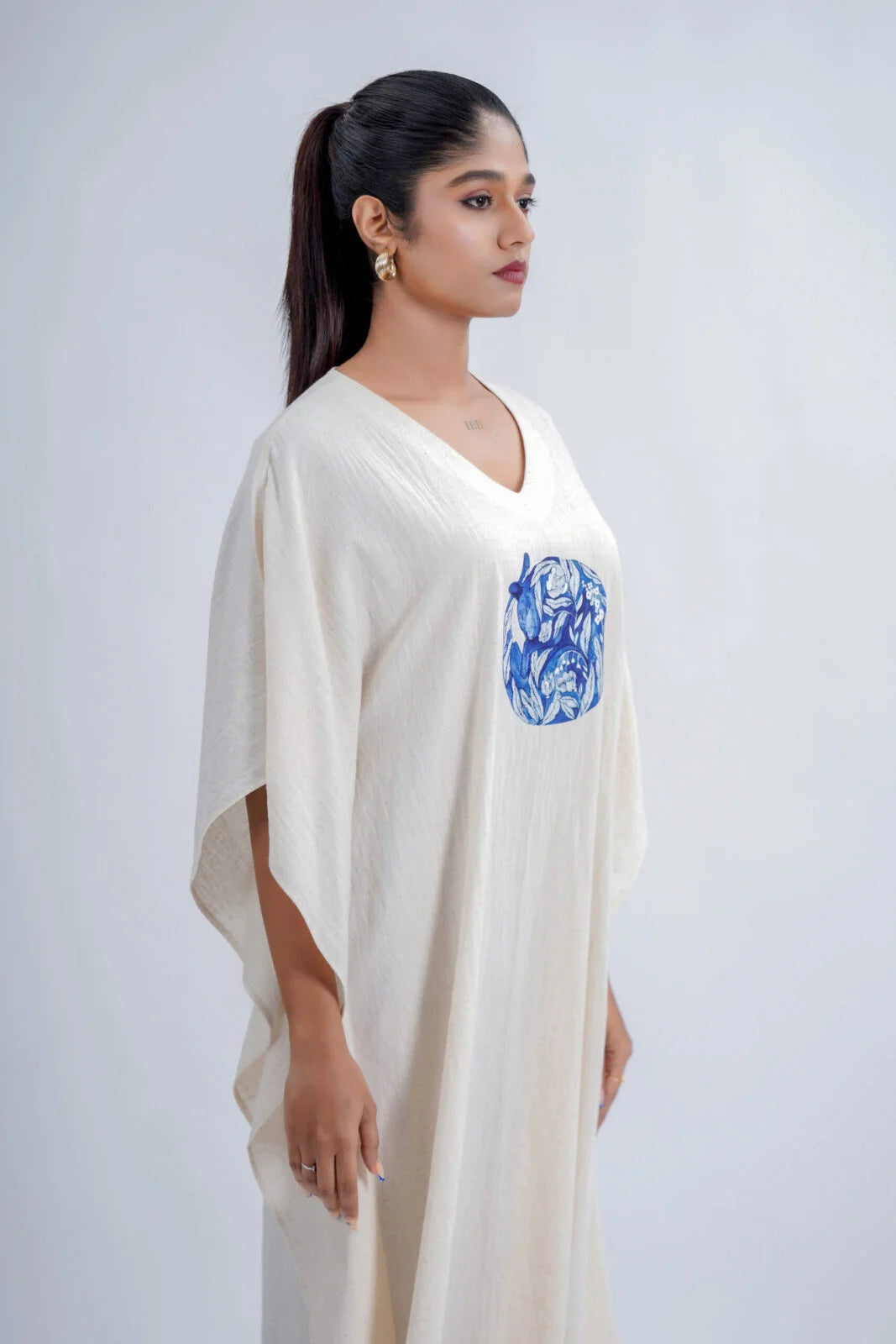 LINEN COTTON KAFTAN WITH INDIGO CAT MOTIF