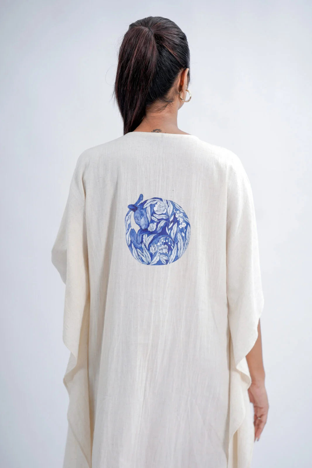 LINEN COTTON KAFTAN WITH INDIGO CAT MOTIF