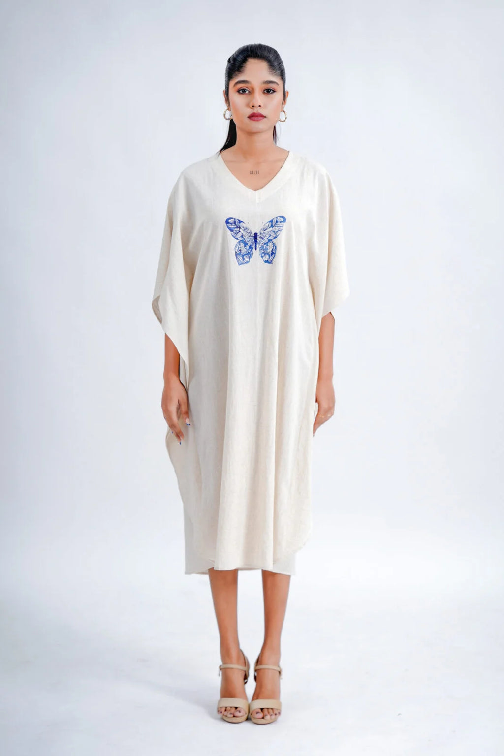 LINEN COTTON KAFTAN WITH INDIGO BUTTERFLY MOTIF