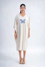LINEN COTTON KAFTAN WITH INDIGO BUTTERFLY MOTIF