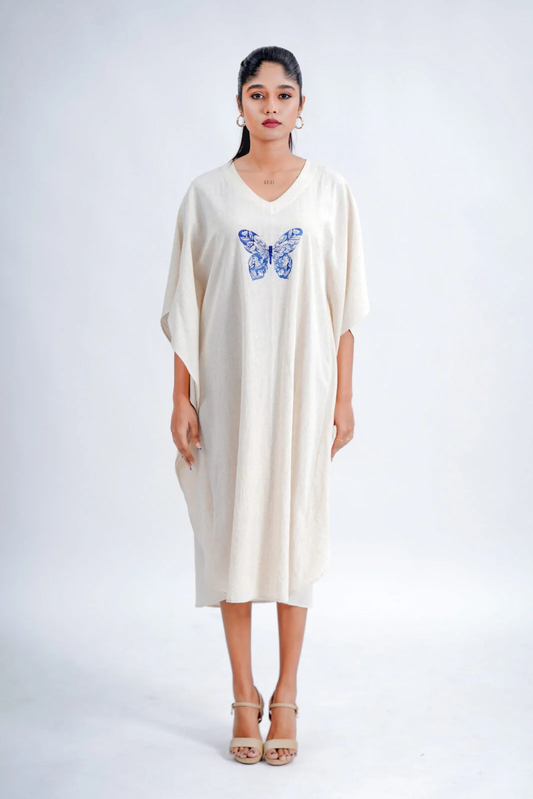 LINEN COTTON KAFTAN WITH INDIGO BUTTERFLY MOTIF