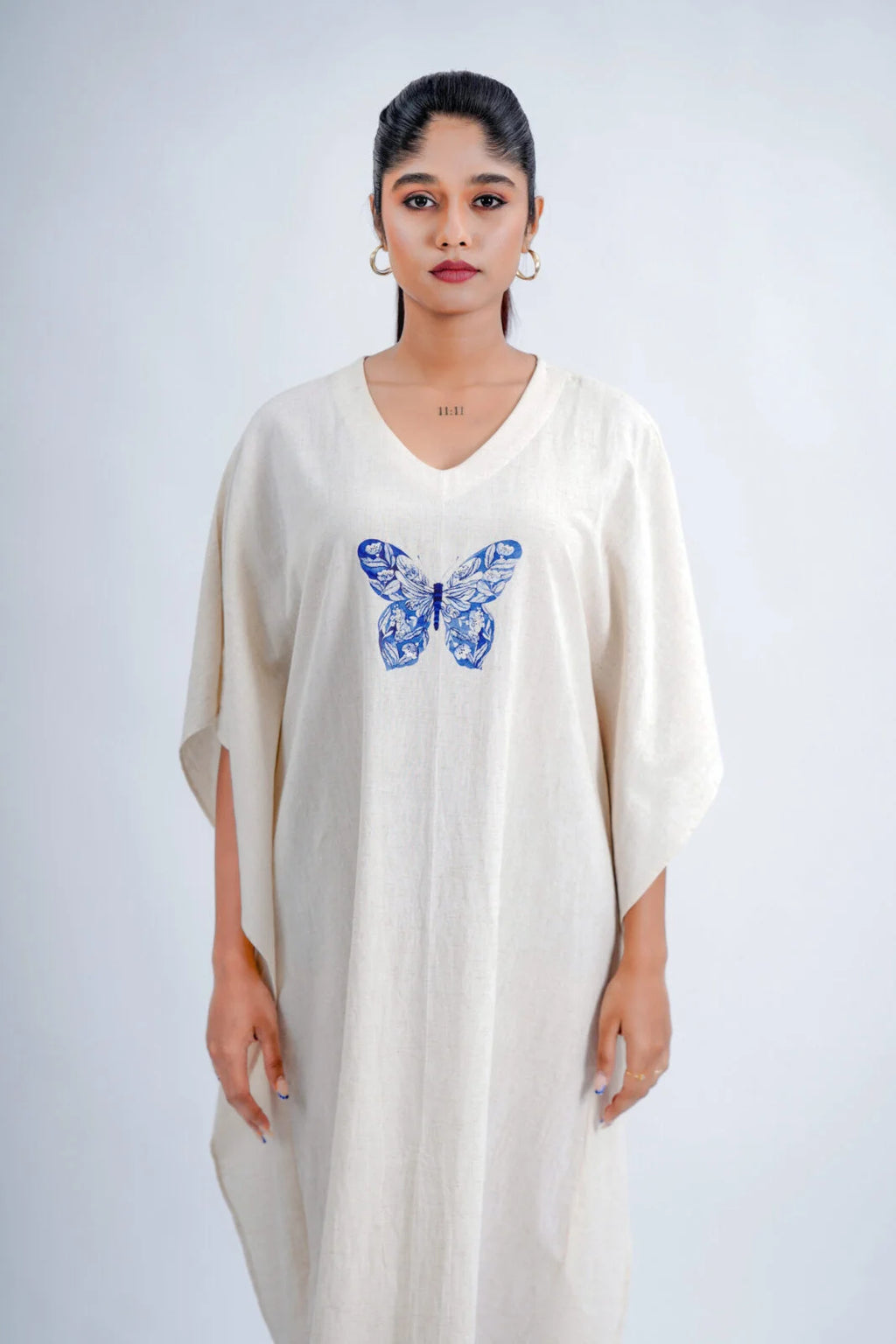 LINEN COTTON KAFTAN WITH INDIGO BUTTERFLY MOTIF