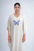 LINEN COTTON KAFTAN WITH INDIGO BUTTERFLY MOTIF