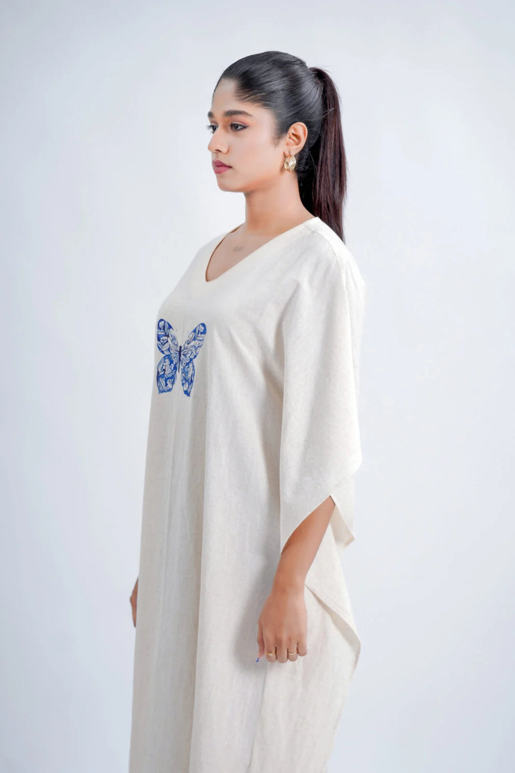 LINEN COTTON KAFTAN WITH INDIGO BUTTERFLY MOTIF