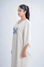 LINEN COTTON KAFTAN WITH INDIGO BUTTERFLY MOTIF