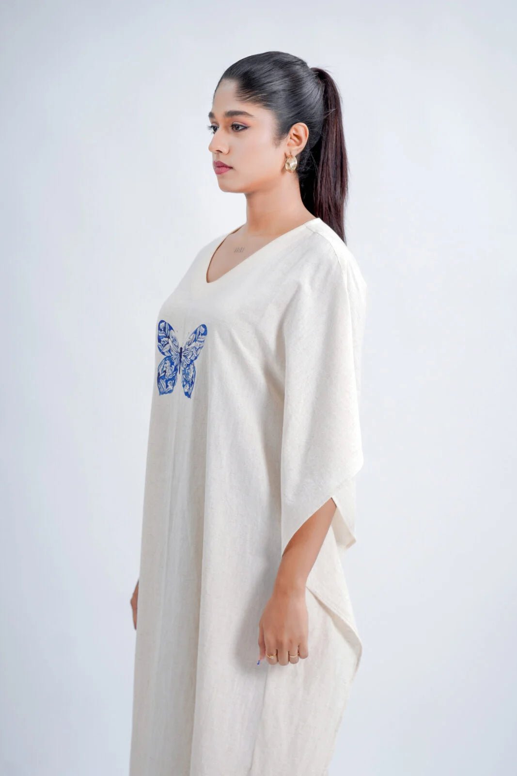 LINEN COTTON KAFTAN WITH INDIGO BUTTERFLY MOTIF