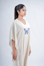 LINEN COTTON KAFTAN WITH INDIGO BUTTERFLY MOTIF