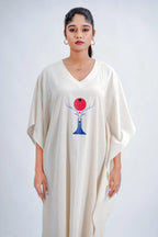 LINEN COTTON KAFTAN WITH RED MOON DEER MOTIF
