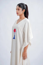 LINEN COTTON KAFTAN WITH RED MOON DEER MOTIF
