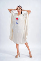 LINEN COTTON KAFTAN WITH RED MOON DEER MOTIF