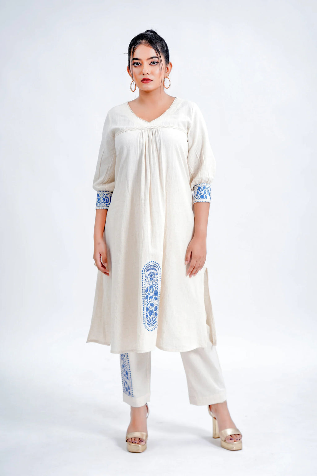 LINEN COTTON KURTA WITH INDIGO ARCH MOTIF