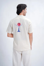 LINEN COTTON SHIRT WITH RED MOON DEER MOTIF