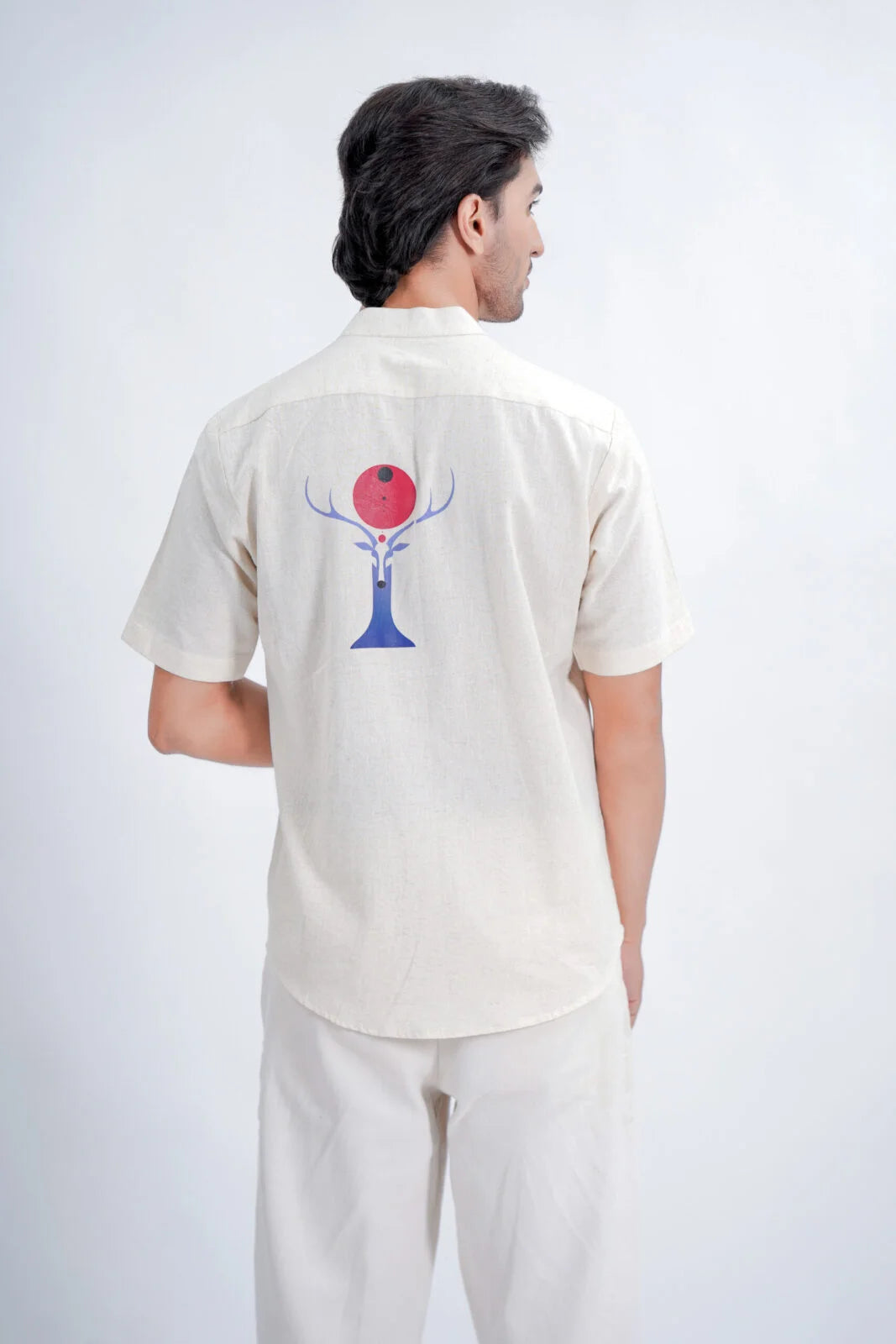 LINEN COTTON SHIRT WITH RED MOON DEER MOTIF
