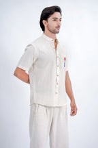 LINEN COTTON SHIRT WITH RED MOON DEER MOTIF